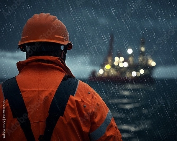 Obraz Industrial Worker in Rain Under Vibrant Orange Elements