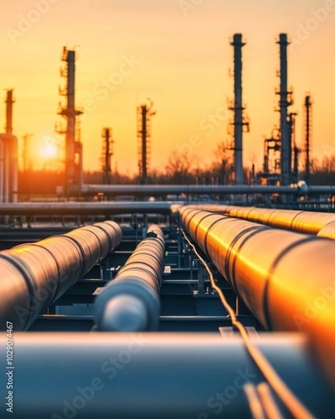 Obraz Industrial Silhouette at Sunset with Piping Systems