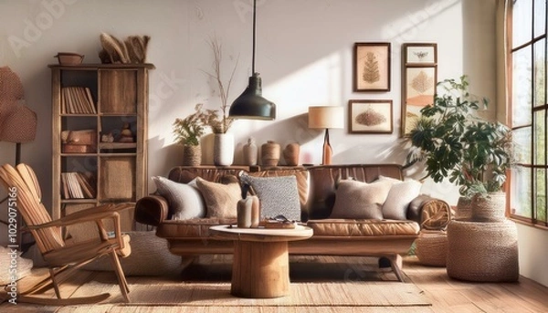 Fototapeta Country, farmhouse retro vintage interior design of modern living room, home.