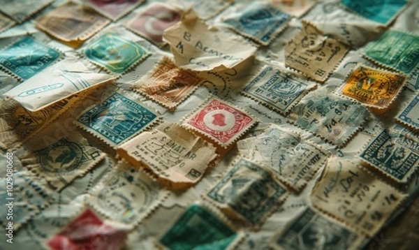 Fototapeta Envelope with postage stamps from around the world, awaiting delivery, global 4K hyperrealistic photo.