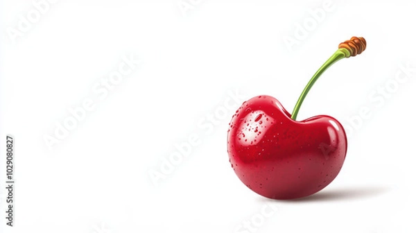 Fototapeta vibrant cherry with glossy red surface and green stem, showcasing its natural beauty and freshness. This stylized fruit evokes sense of sweetness and vitality