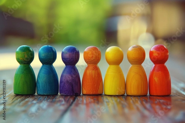 Fototapeta Multicolored man figures stand in the row, diversity that can work together perfectly, partnership, and teamwork