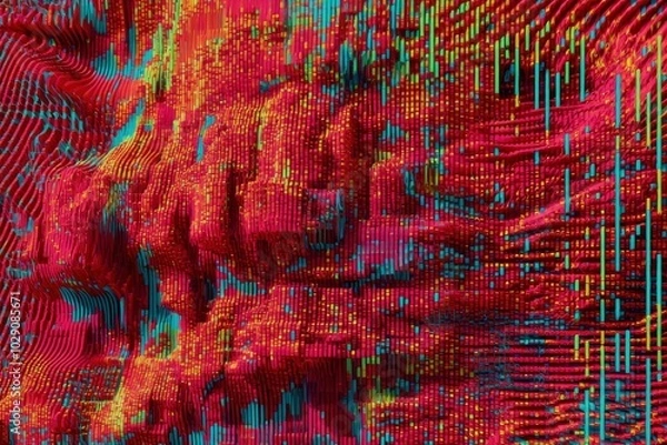 Fototapeta Abstract 3D Mosaic with Wavy Red, Yellow, and Blue Patterns