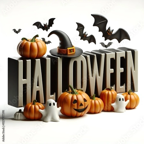 Fototapeta Beautiful Halloween 3d statue with pumpkins, ghosts and bats, oct 31 festival 
