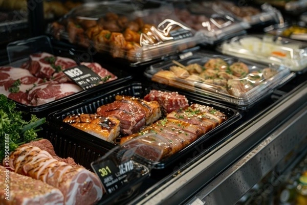Fototapeta Meat Counter Displaying Various Types of Fresh and Sliced Pork, from Raw to Grilled or Marinated.