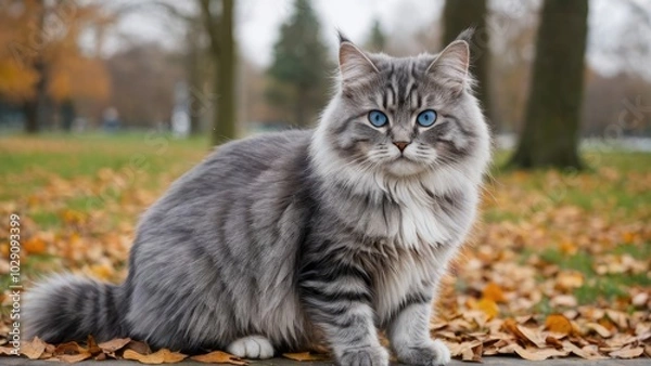 Fototapeta Blue siberian cat in the park