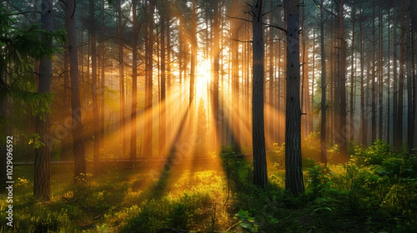 Obraz Beautiful forest landscape with sun rays through trees in the pine and spruce woodlands at sunrise or sunset.
