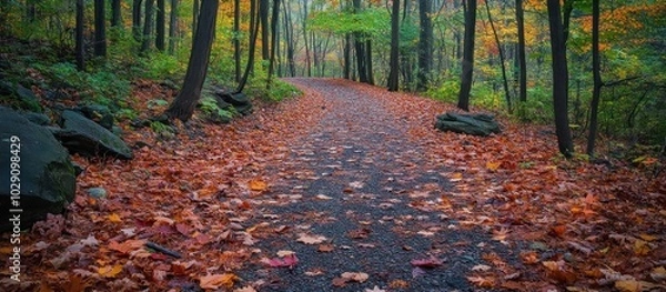 Fototapeta A winding path through a forest in autumn with fallen leaves.