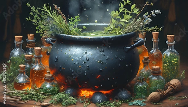 Fototapeta A bubbling cauldron of potion surrounded by glass bottles of herbs and glowing embers