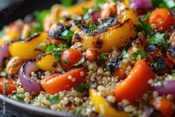 Obraz Vibrant quinoa salad with grilled vegetables, including yellow peppers, cherry tomatoes, and fresh herbs, served in a stylish bowl.