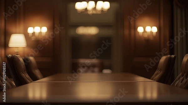 Fototapeta A dimly lit conference room featuring a long table and elegant decor, creating a professional and sophisticated atmosphere for meetings.