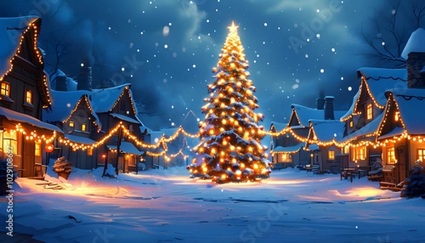 Fototapeta A snowy village square with a large, illuminated Christmas tree and twinkling lights on the houses