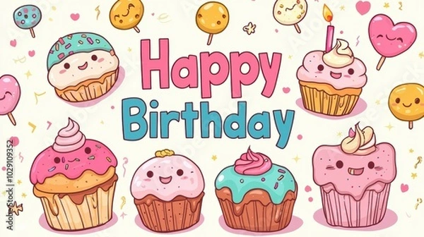 Fototapeta Kawaii Happy Birthday Card Design with Smiling Cupcakes and Sweet Treats