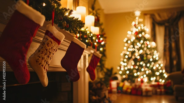 Fototapeta A beautifully decorated mantle with garlands candles and stockings with a Christmas tree glowing in the background.