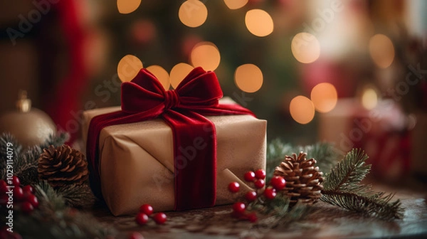 Fototapeta A beautifully wrapped Christmas present tied with a velvet ribbon set on a table with holiday decorations like pinecones and berries.