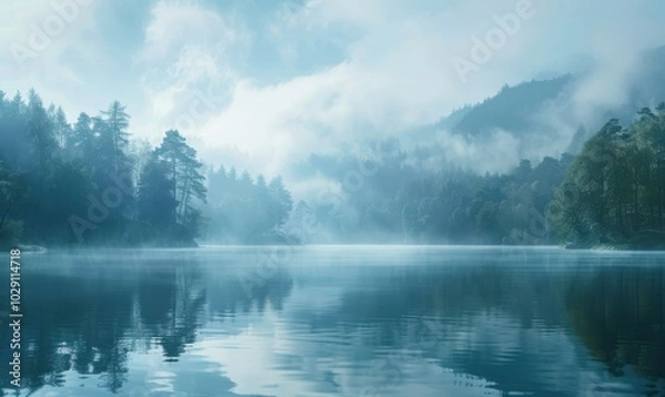 Fototapeta Foggy morning over a calm lake with mist rising from the water, 4K hyperrealistic photo