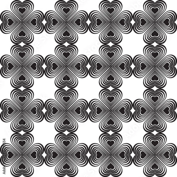 Fototapeta Seamless geometric pattern with stylized hearts. Repeating vintage texture. Abstract white and black background.Monochrome backdrop. Celtic element. Four-leaf clover shaped knots.Vector illustration. 