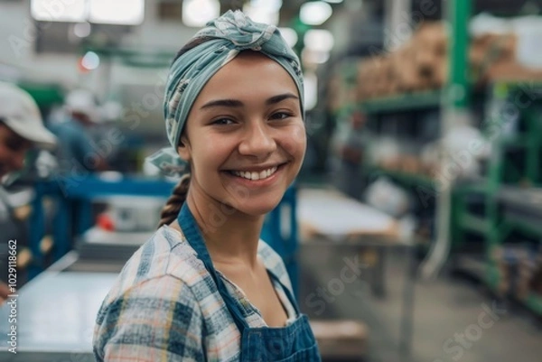 Fototapeta Portrait of a smiling female worker in factory