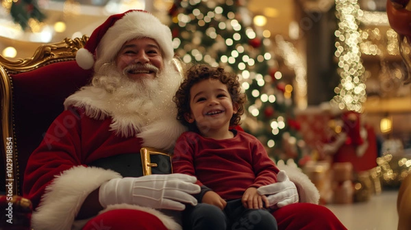Fototapeta A child sitting on Santas lap smiling in a beautifully decorated mall Santas grotto.