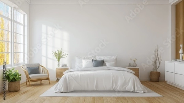 Obraz Bright minimalist bedroom with neutral tones and natural light.