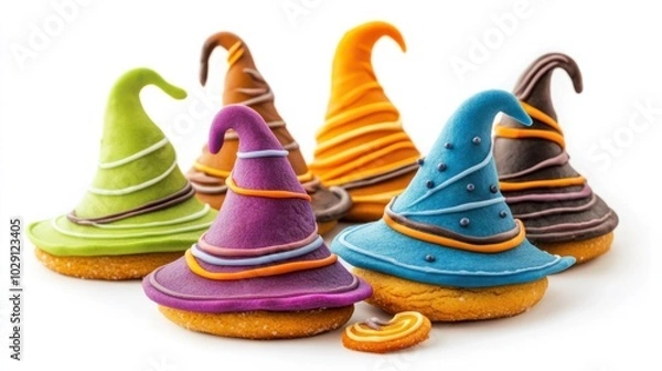 Fototapeta Halloween-themed sugar cookies shaped like witches hats with colorful icing, isolated on white background