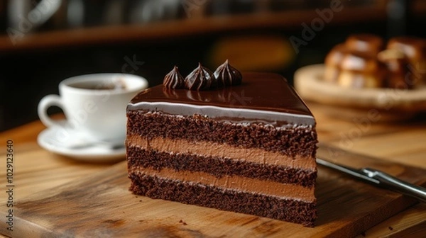 Fototapeta A slice of chocolate cake with chocolate frosting on a wooden cutting board