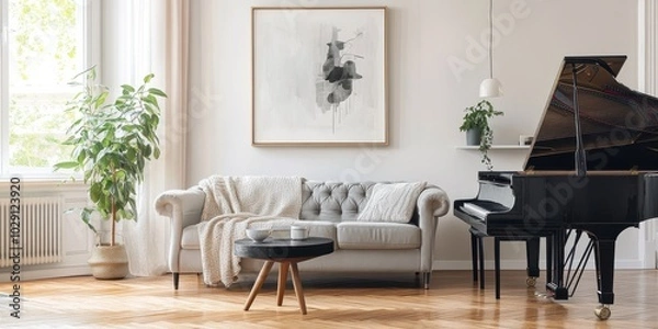 Obraz A stylish living room featuring a grand piano, cozy sofa, and minimalistic decor in neutral tones.