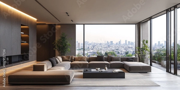Fototapeta photo of the interior of a modern living room in light colors. Large panoramic windows, velor furniture