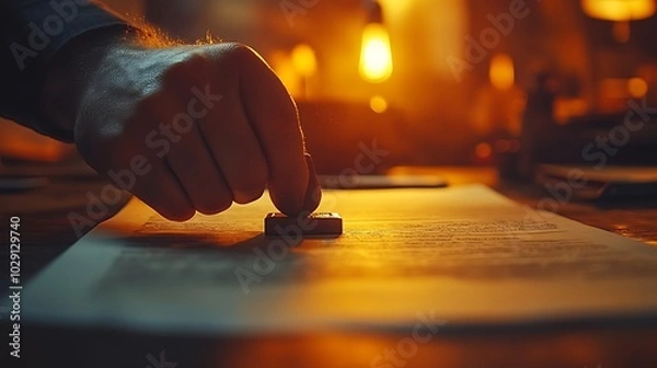 Fototapeta Fingers pressing a rubber stamp onto an official document, the paper slightly crinkling under pressure, warm office lighting illuminating the scene, capturing the detail of the stamp and document.