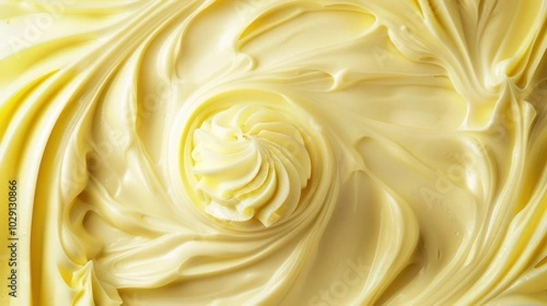 Fototapeta Banana yogurt swirl close up, fruit cream texture, top view background