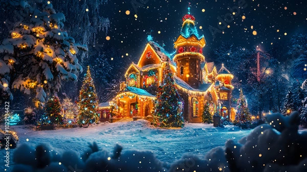 Fototapeta A majestic Christmas castle covered in snow with colorful lights and decorations illuminating its towers and windows.