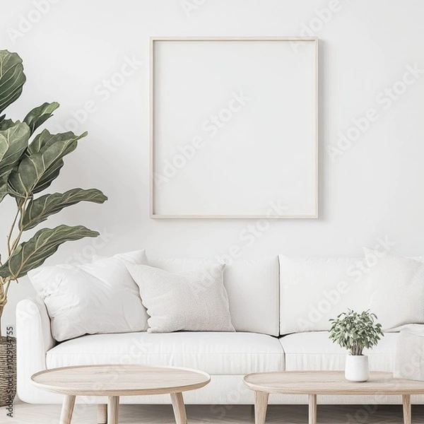Fototapeta A minimalist living room with a white sofa, plant, and empty frame.