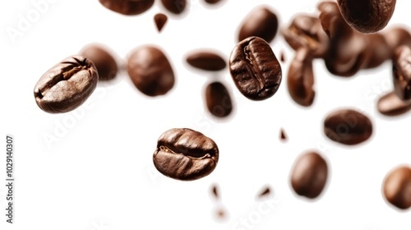 Fototapeta Coffee beans in the air close up, isolated on white background