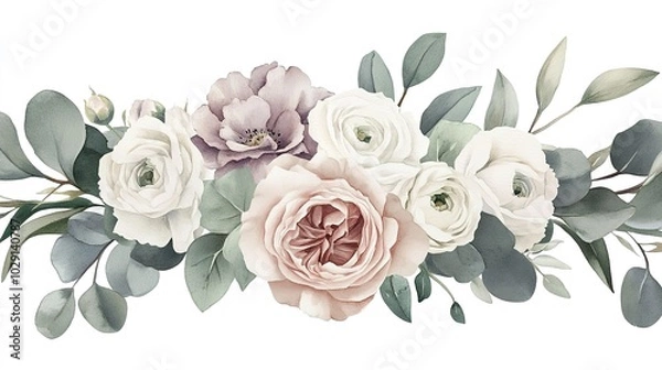 Obraz Wreath design silver sage green and blush pink flowers. Dusty rose, white carnation, mauve rose, ranunculus, eucalyptus, greenery. Wedding bouquets. Watercolor.