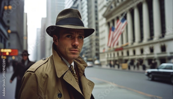 Fototapeta Secret agent in a trench coat tailing a target in a 1960s urban setting