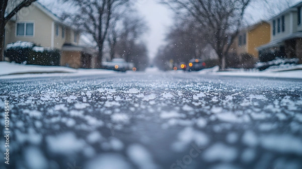 Fototapeta A suburban neighborhood street after freezing rain where everything is coated in a thin layer of ice.