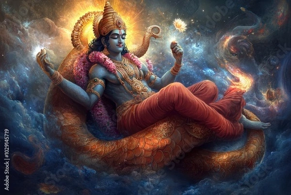 Fototapeta A majestic illustration of Lord Vishnu resting on the serpent Shesha, with his four arms holding the conch, disc, lotus, and mace, and cosmic elements swirling around him