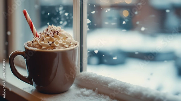 Fototapeta A warm cup of hot chocolate with whipped cream and candy cane set on a window sill with snow falling outside.