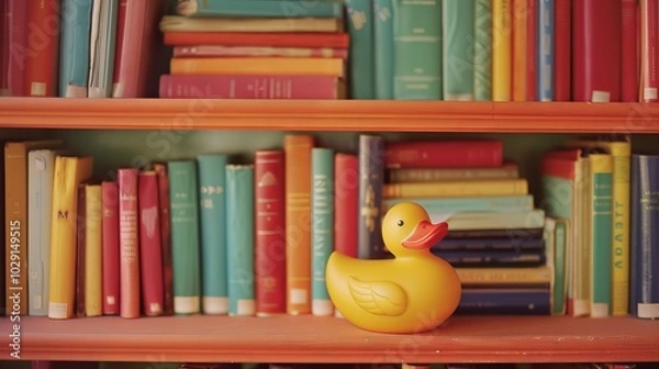 Fototapeta Quirky Rubber Duck on Bookshelf