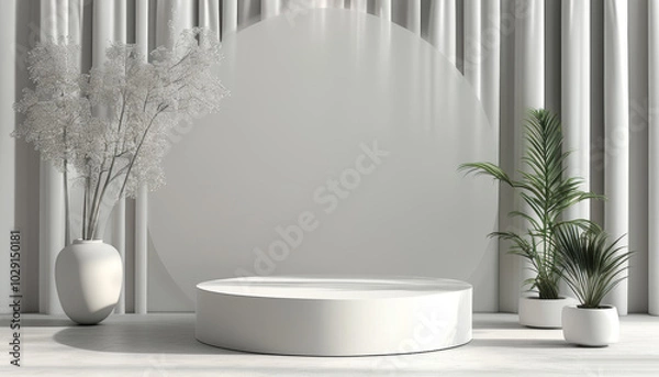 Fototapeta Clean white podium on a white background for product presentation in a minimalist style