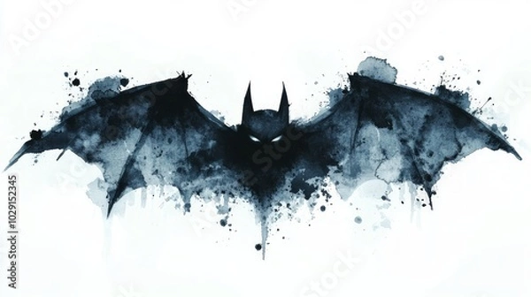 Fototapeta A watercolor illustration of a bat silhouette with dark blue and gray tones on a white background.
