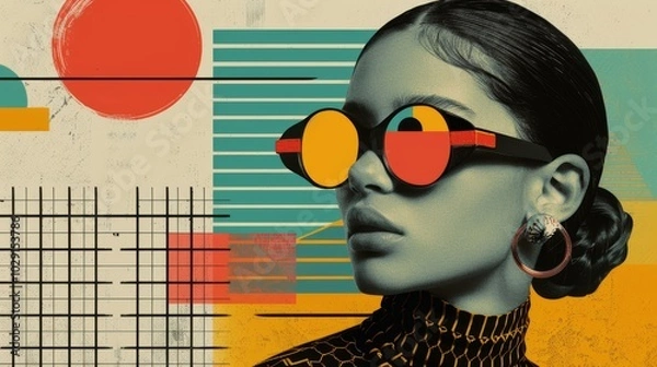 Obraz Retro futuristic poster with 80s and 90s high fashion aesthetic. Grunge noise Creative Mixed media collage. Stylish vintage backdrop, grunge graphic design style.