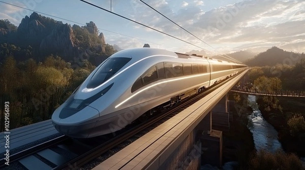 Obraz photo of A high-speed train traveling through a scenic countryside, designed with aerodynamic features and equipped with the latest technology for comfort and efficiency. 