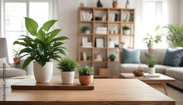 Fototapeta A wooden table in a cozy living room with a potted plant, a vase, and a blurred background of shelves and decor 