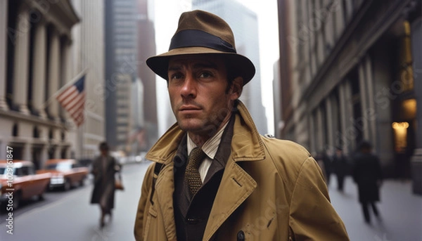 Fototapeta Secret agent in a trench coat tailing a target in a 1960s urban setting