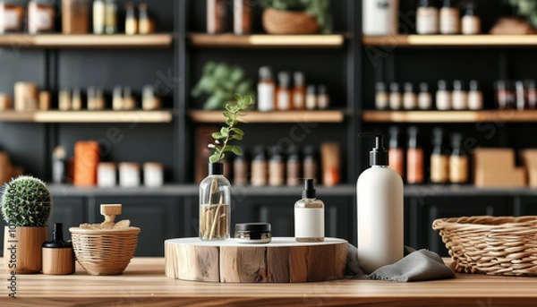 Fototapeta Cosmetics on a minimalist display podium in a beige perfume store environment