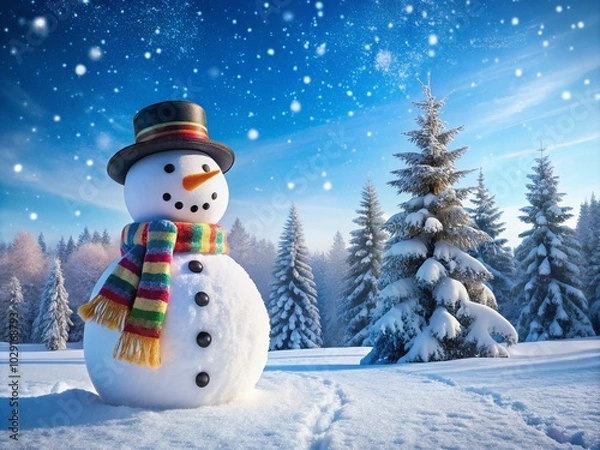 Fototapeta Simple Snowman with Scarf and Hat in a Winter Landscape - Panoramic Photography