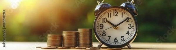 Fototapeta Alarm clock with coins, symbolizing time and money management.