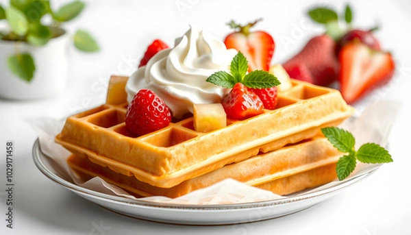 Fototapeta Delicious homemade waffles with whipped cream and fresh fruit. Served on a paper tray or plate. Home production plant isolated with white highlights, png