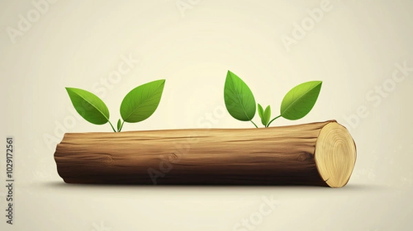 Fototapeta A wooden log with leaves sprouting from it, representing wood conservation and natural resources, Organic and eco friendly, vector and minimalistic